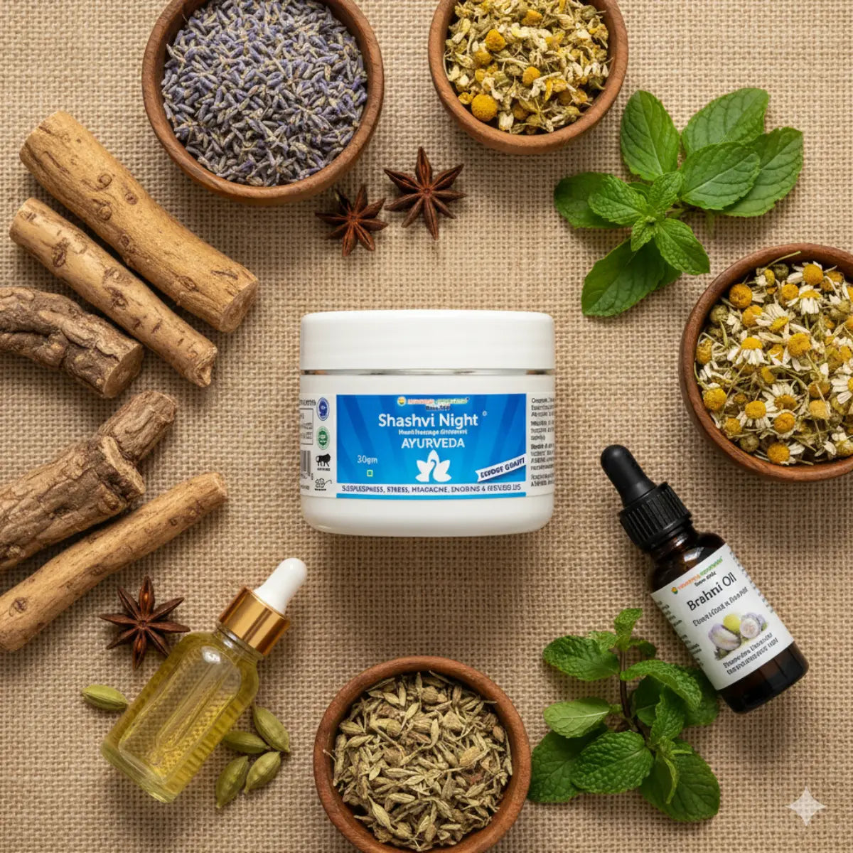 "Shashvi Night Ointment with natural Ayurvedic ingredients – lavender, chamomile, brahmi oil for stress relief and sound sleep"
