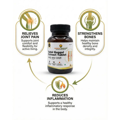 Salai Guggul Extract Tablet bottle with health benefits on a white background