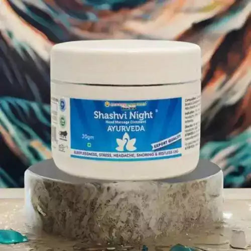 Shashvi Night Ointment container, an Ayurvedic sleep-care solution designed to address insomnia, stress, and anxiety, enriched with camphor oil, lavender fragrance, and beeswax