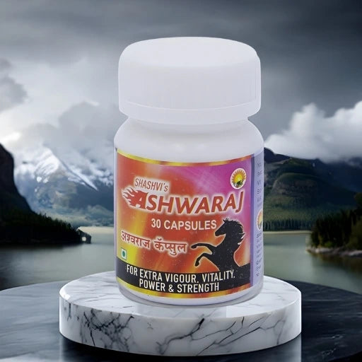 Shahsvi Ashwaraj Capsule – Ayurvedic supplement for vigor, vitality, and strength, made with Shudh Shilajeet, Makardhwaj, Vanga Bhasm, and Swarna Bhasm."