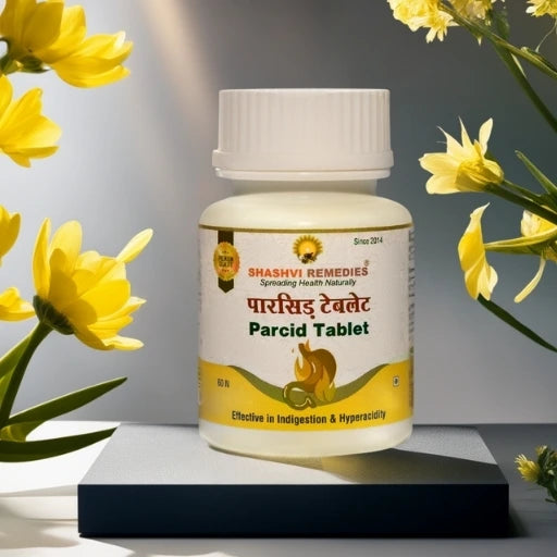 Shashvi Parcid Tablets – Herbal Acidity Relief Supplement with Mulethi, Avipattikar Churn, and Parval Bhasm for Indigestion and Hyperacidity."