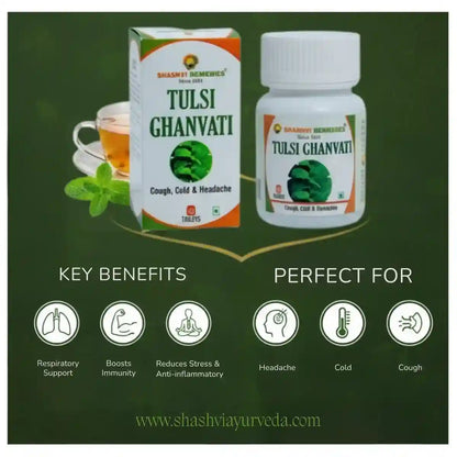 Shashvi Ayurvedic Tulsi Ghanvati packaging with key benefits on a green background