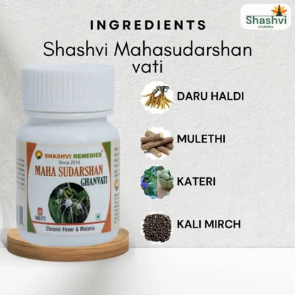 "100% natural Mahasudarshan Vati with Guduchi, Chirayata, and Neem for fever relief"