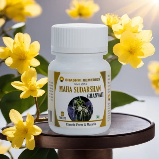 A bottle of Shashvi Mahasudarshan Vati Ayurvedic tablets, featuring natural ingredients like Daru Haldi, Mulethi, Kateri, and Kali Mirch for managing high and chronic fevers