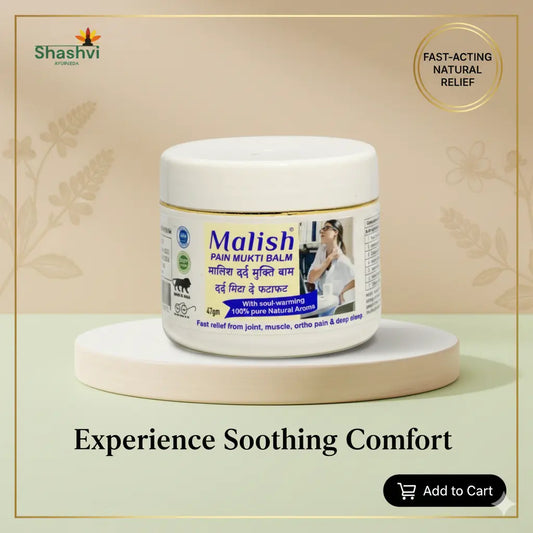 Malish Pain Mukti Balm jar with Shashvi Ayurveda branding on a beige background