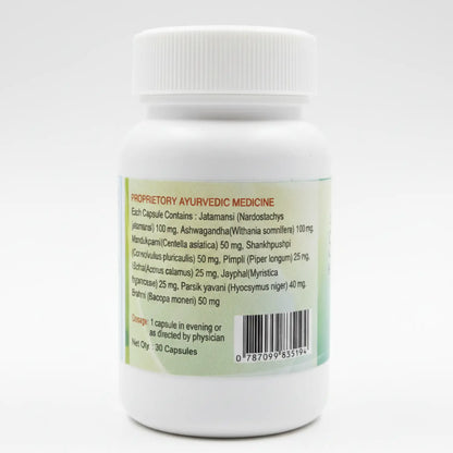 Shashvi Stressnil Capsules ingredient label showing Ashwagandha, Brahmi, Jatamansi, Shankhpushpi and other Ayurvedic herbs