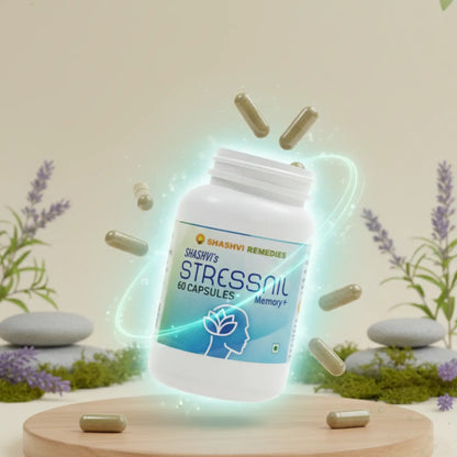 Shashvi Stressnil Ayurvedic capsules with herbal energy effect, natural stress relief and mental wellness support