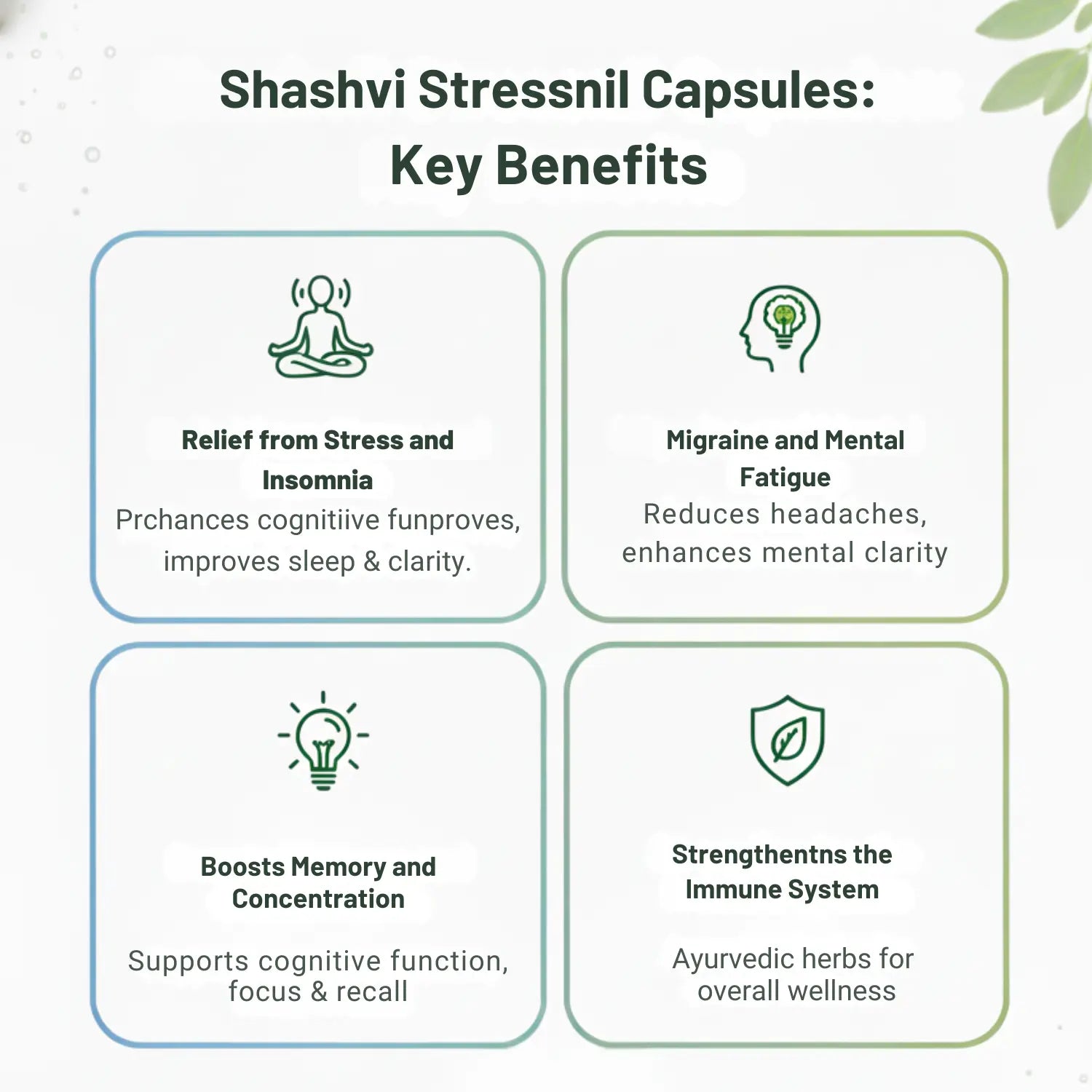 Shashvi Stressnil Capsules benefits infographic – supports stress relief, better sleep, memory, concentration and mental clarity