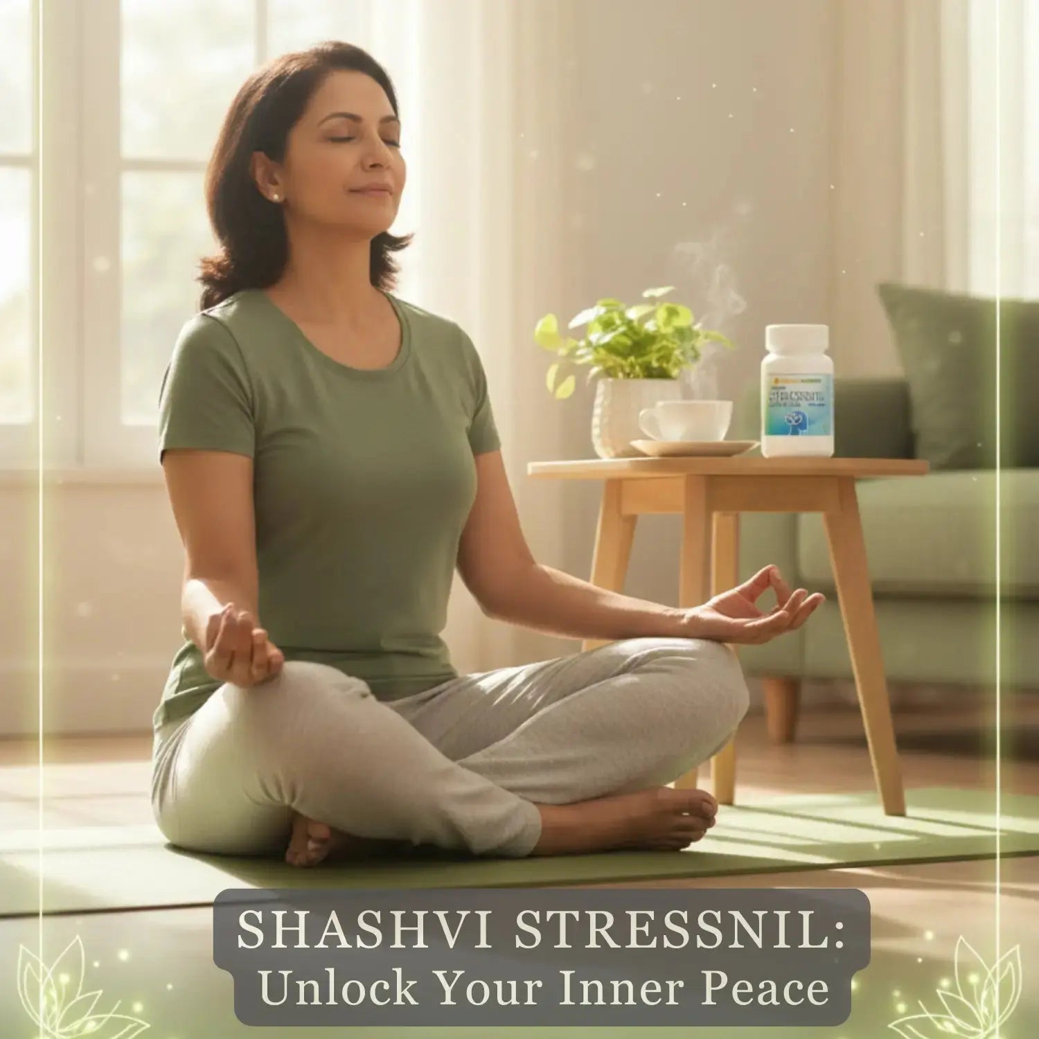 Woman meditating indoors with Shashvi Stressnil Capsules – Ayurvedic support for calm mind, relaxation and daily stress balance