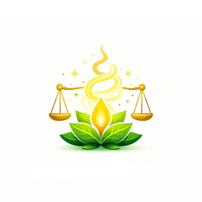 Balance scale with a flame and leaves on a white background